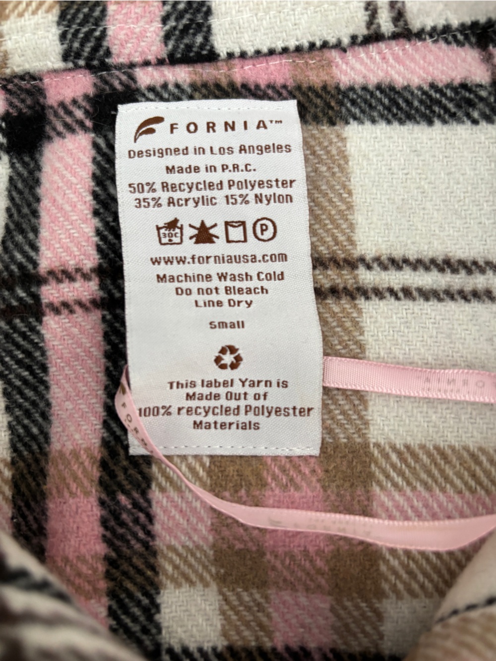 Fornia Plaid Women's Small Shacket Recycled Polyester Cream Pink Black EUC - Picture 5 of 5